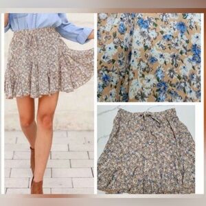 Newbury Kustom Beige Mini Skirt with Blue Floral Print